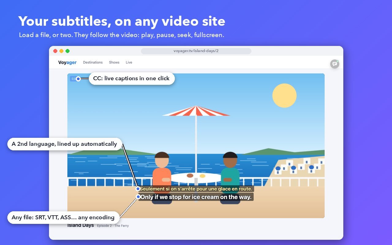 Subtitles in French and English over a video on a streaming site